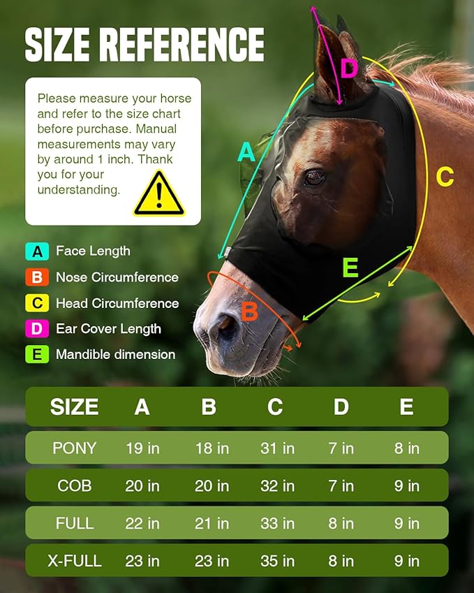 JWODVNTH Fly Masks for Horses with Ears - Large Eye Space, Comfort, UV-Block - Horse Fly Mask for Daily Stable, Hot Weather Riding, and Competition - X-Full, Black