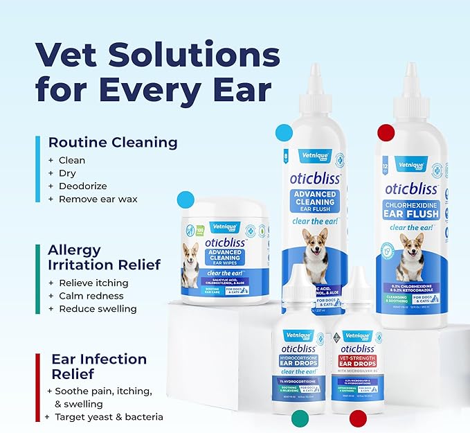 VETNIQUE Oticbliss Advanced Cleaning Ear Wipes for Dogs & Cats for Odor Control, Dirt and Wax Removal with Soothing Aloe Vera, Drying Agent and Vitamin E, Clear the Ear 100ct Wipes