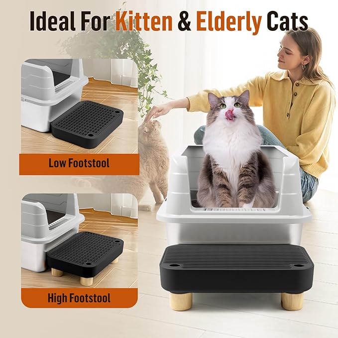 Cat Litter Box Step Ramp, Cat Litter Catcher Mat with Wooden Feet, Filter Function, Cat Pedal Stool for Self-Cleaning Cat Litter Box, Ideal for Kitten & Elderly Cats (Black)