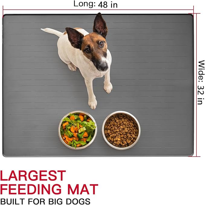 48" x 32" XXXL Largest Pet Food Mat, Silicone Dog Mats for Food and Water, Nonslip Pet Feeding Mats for Floors,Dog Cat Bowl Mat with Raised Edges, Light Gray