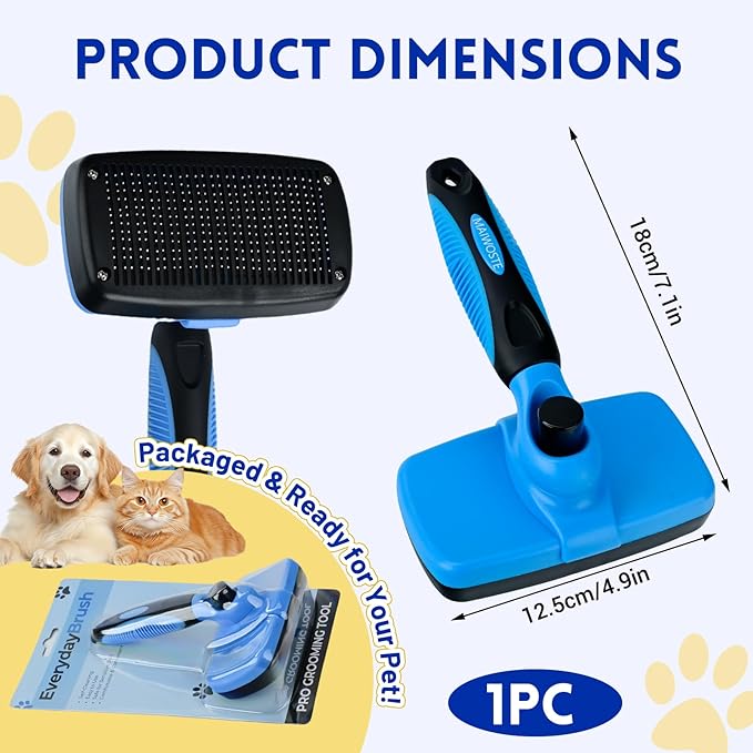 Large Self Cleaning Deshedding Brush for Dogs & Cats - One Button Hair Release Grooming Tool, Gentle Massage Brush for Long and Short Hair (Blue)