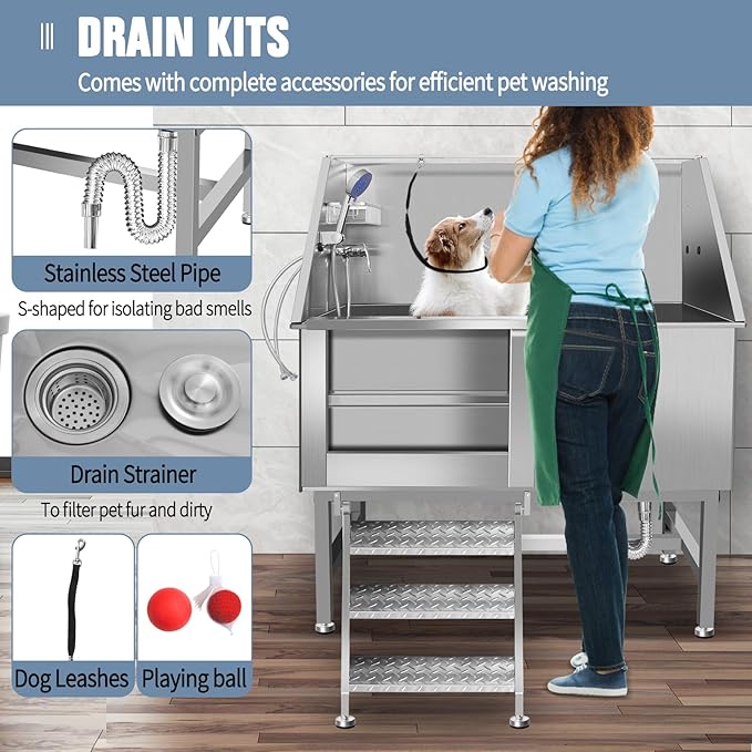 50" Dog Washing Station, Professional Stainless Steel Dog Bathing Station, Equipped/W Three Anti-Slip Steps, Removable Door, Upgraded Spray Nozzle&Hose - for Home, Pet Grooming Salon (50" Left ramp)