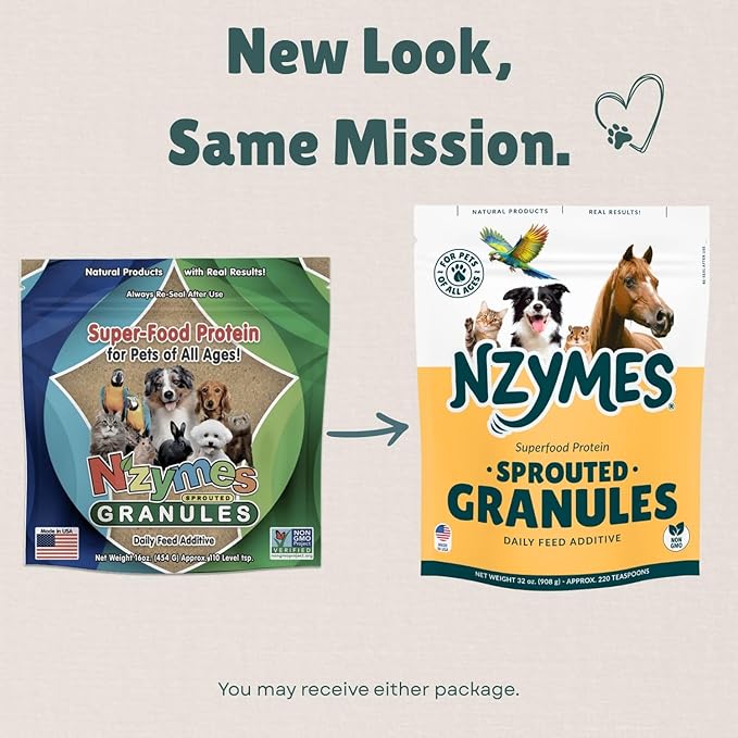 Nzymes® Sprouted Granules 1LBS for Dogs, Cats, and Companion Pets. Raw Super-Food Protein and Antioxidant Nutrition. Cost Effective Food Supplement Dog Health Supplies. 110 Servings USA