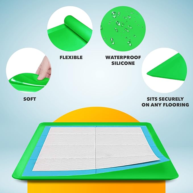 TidyFriend 2 Pack Dog Pee Pad Holder Tray Fits for 24” x 24” Wee Wee Pee Pads - Stable Grip, Raised Edges, Quick-Wipe Silicone Surface Dog Potty Tray Holder for Indoor Flooring Protection (Green)