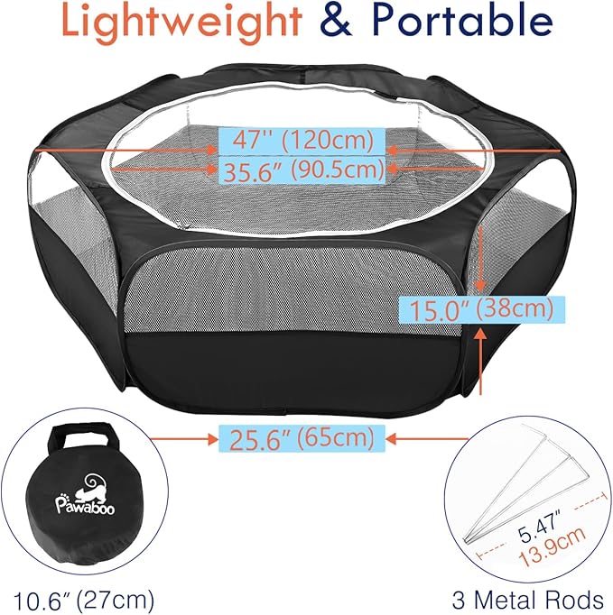 Pawaboo Small Animals Playpen, Waterproof Small Pet Cage Tent with Zippered Cover, Portable Outdoor Yard Fence with 3 Metal Rod for Kitten/Puppy/Guinea Pig/Rabbits/Hamster/Chinchillas, Black