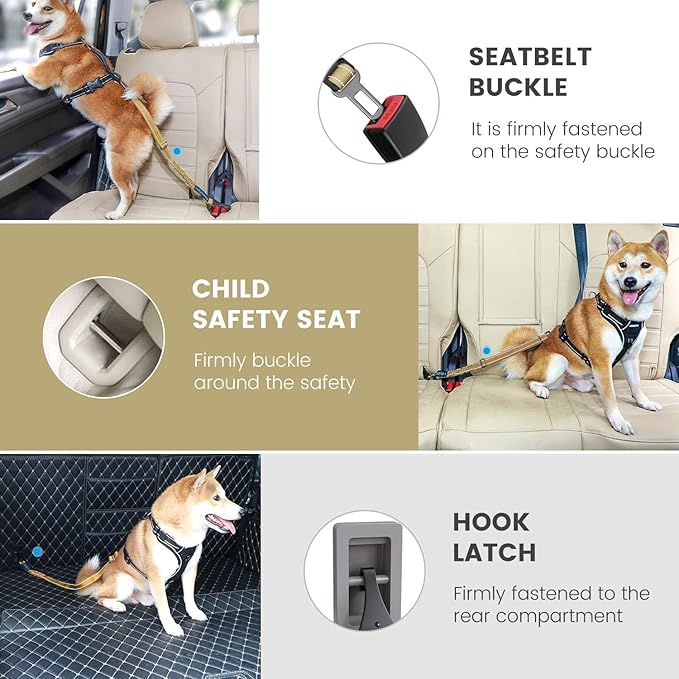 IOKHEIRA Dog Seat Belt 3-in-1 Car Harness for Dogs Adjustable Safety Seatbelt for Car Durable Nylon Reflective Bungee Fabric Tether with Clip Hook Latch & Buckle, Swivel Zinc Alloy Carabiner Green