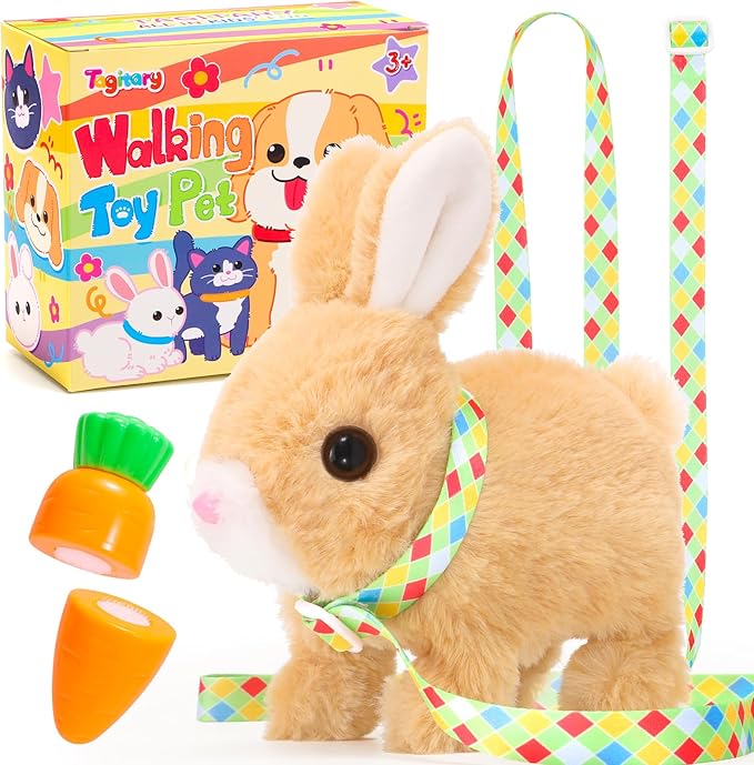 Tagitary Plush Toys Bunny Electronic Toy with Sounds,Wiggling Ears,Hopping,Twitching Mouth and Nose, Interactive Rabbit Toy for Kids with Leash,Easter Birthday Gift for Toddlers Kids