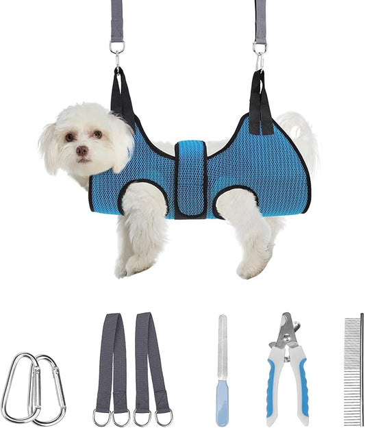 PAWCHIE Dog Grooming Hammock Harness for Dog Cat with Pet Nail Clipper Trimmer-Breathable Cat Hanger Sling for Trimming Clipping Nails-Dog Hammock Restraint Bag for Small Medium Large Dog,Dark Blue XS