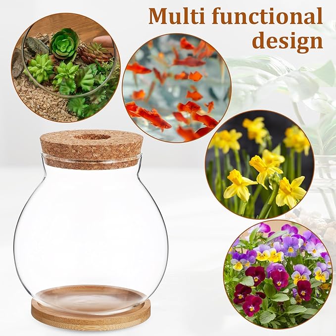 Desktop Fish Bowl Clear Glass Small Betta Fish Tank with Wood Lid and Bamboo Stand Table Hydroponic Plants Terrarium for Home Office Decoration 13 * 14cm