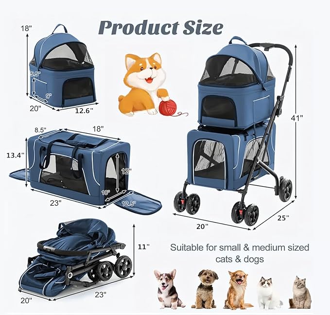 Pet Stroller with 2 Detachable Carriers, Folding Design, Large Capacity for Cats and Small Dogs, Navy, Medium