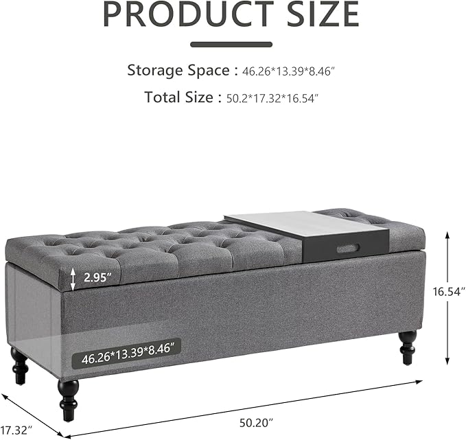 Ottoman with Storage,50.2-inch Upholstered End of Bed Storage Bench for Bedroom,for The Living Room,for Entryway, with Tray & Button and Safety Hinges,Detachable (Grey)