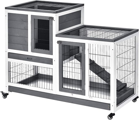 PawHut Wooden Rabbit Hutch Elevated Bunny Cage Indoor Small Animal Habitat with Enclosed Run with Wheels, Ramp, Removable Tray Ideal for Guinea Pigs, Grey