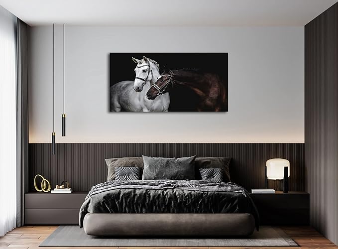 LK0650-Jiuqinghua Wall Art Canvas Print Picture White and Brown Horses 1 Panel Wild Animal Painting Artwork for Living Room Bedroom Office Home Wall Decor Stretched and Framed Ready to Hang