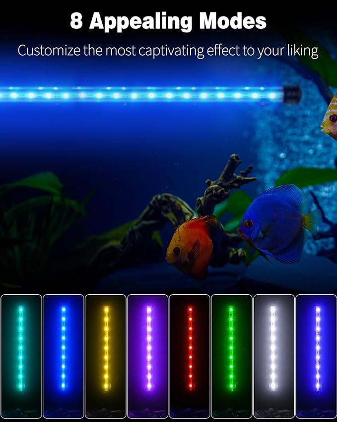 Pawfly 5.5 W Aquarium LED Light 19 Inch Underwater Fish Tank Light with Timer Auto On/Off Fish Tank Background Light with 8 Lighting Modes Submersible Multi-Colored Tube Light for Decoration