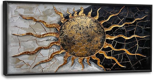 Quorin Golden Sun Large Wall Art Abstract Day and Night Pictures Black and Golden Wall Decor Canvas Print Painting Artwork for Bathroom Living Room Bedroom 60L x 30W