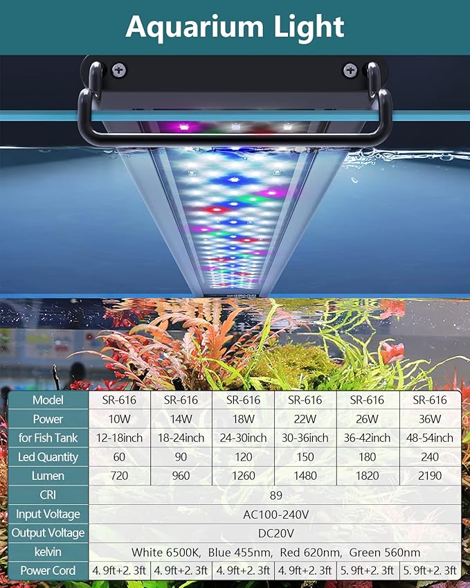 Led Aquarium Light for Plants-Full Spectrum Fish Tank Light with Timer Auto On/Off, 48-54 Inch, Adjustable Brightness, White Blue Red Green Pink LEDs with Extendable Brackets for Freshwater
