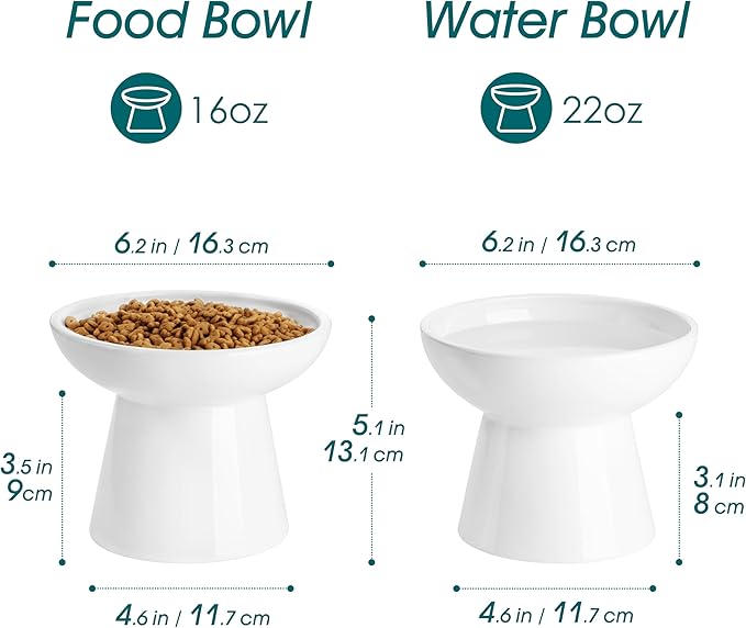 vancasso Ceramic Elevated Cat Bowls 2-Pack - 6.2" Extra Wide Raised Cat Food & Water Dishes, 5.1" Optimal Height Anti-Whisker Fatigue Shallow Bowls for Cats/Kittens/Dogs, Lead & Cadmium Free (White)