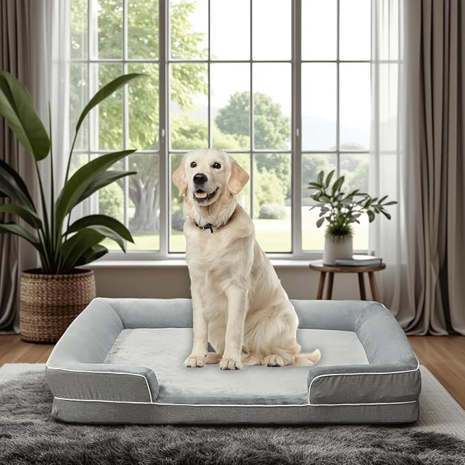Dog Beds for Large Sized Dogs,Washable Orthopedic Memory Foam Dog Couch Sofa Bed with Bolster,Removable Cover,42x30Inch,Grey