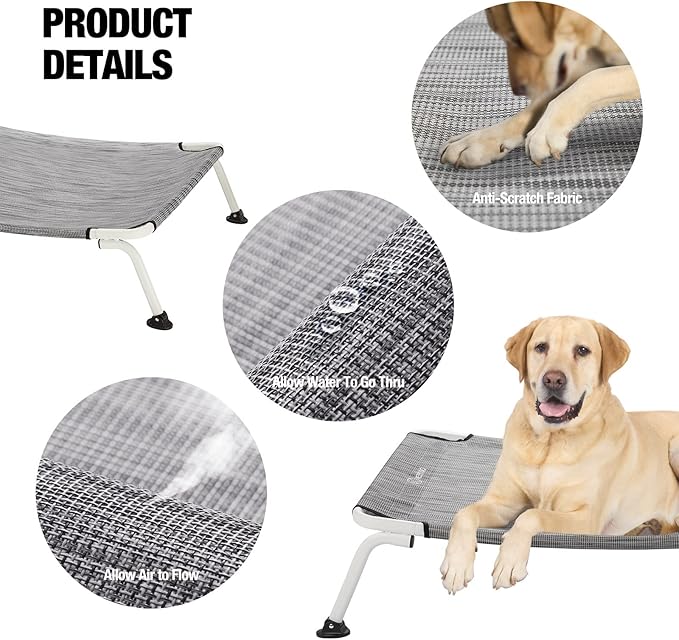 Veehoo Elevated Dog Bed for Outdoor, Cooling Waterproof Raised Dog Cots Beds for Large Dogs, Curved Off Ground Pet Hammock Cot Lifted for Outside, up to 85lbs, White Legs, Black Silver 42"