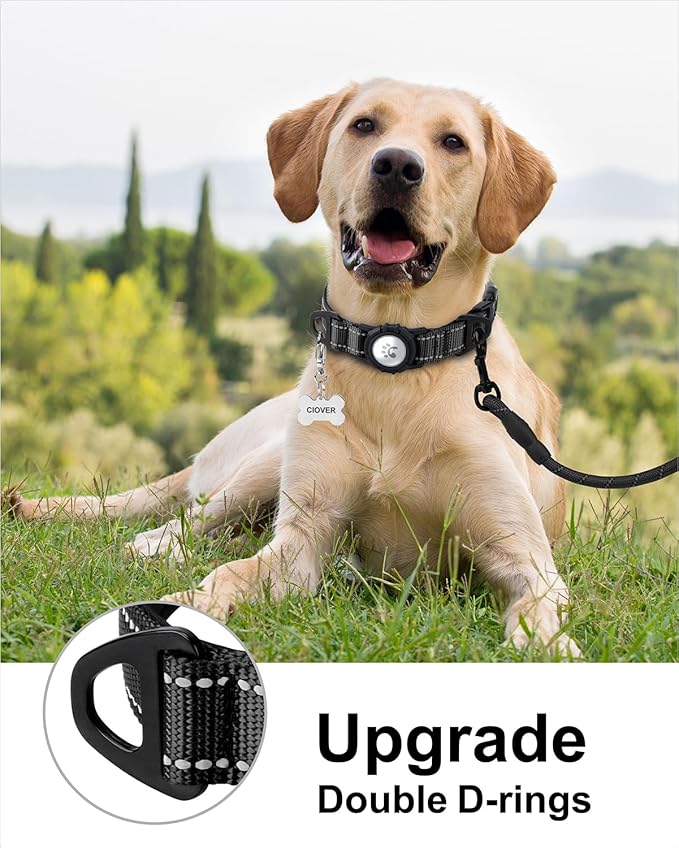 TagME Airtag Dog Collar,Waterproof Reflective Pet Collar with Airtag Holder,Soft Padded and Double D-Rings for Extra Large Dogs,Black