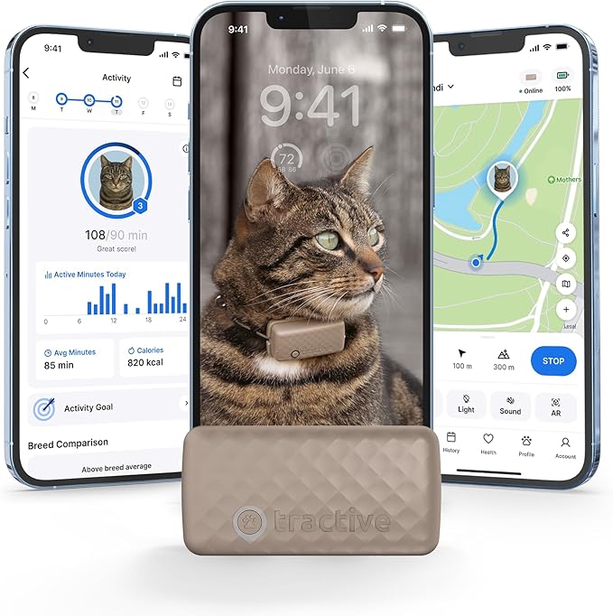 Tractive Smart Cat GPS Tracker | Real-Time Location & Wellness Monitoring for Cats 6.5 lbs+ | Territory & Location History | Up to 5-Day Battery | Breakaway Collar Included (Brown)