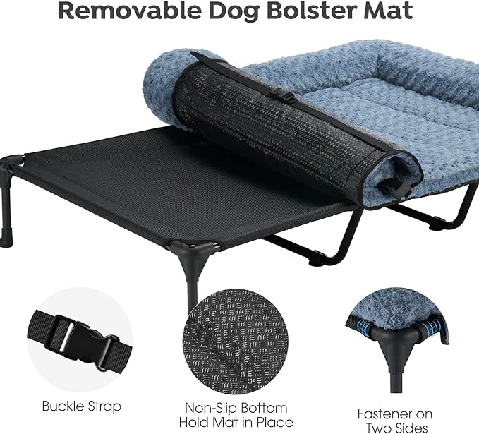 Veehoo Cooling Elevated Dog Bed Add Removable Deluxe Rose Plush Bolster Cushion Mat, 59" x 37" Washable Dog Couch Bed, Raised Pet Cot with Breathable Teslin Mesh, No-Slip Feet, Haze Blue, CWC2439B