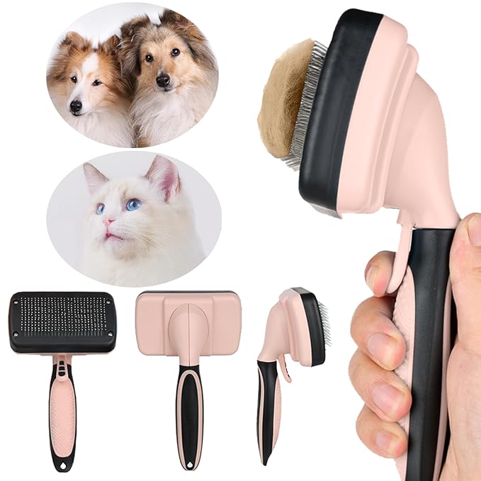 Skin-Friendly Grooming and Deshedding Brush for Dogs, Cats, and Puppies - Self-Cleaning, Easy to Use (Pink)