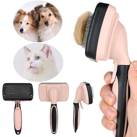 Skin-Friendly Grooming and Deshedding Brush for Dogs, Cats, and Puppies - Self-Cleaning, Easy to Use (Pink)