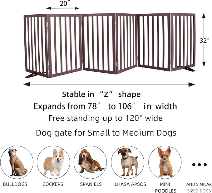 ZJSF Freestanding Indoor Dog Gate for House Foldable Wood Puppy Gate for Doorways Pet Gate for Stairs Extra Wide Pet Fence, Brown, 32" Height 6 Panels
