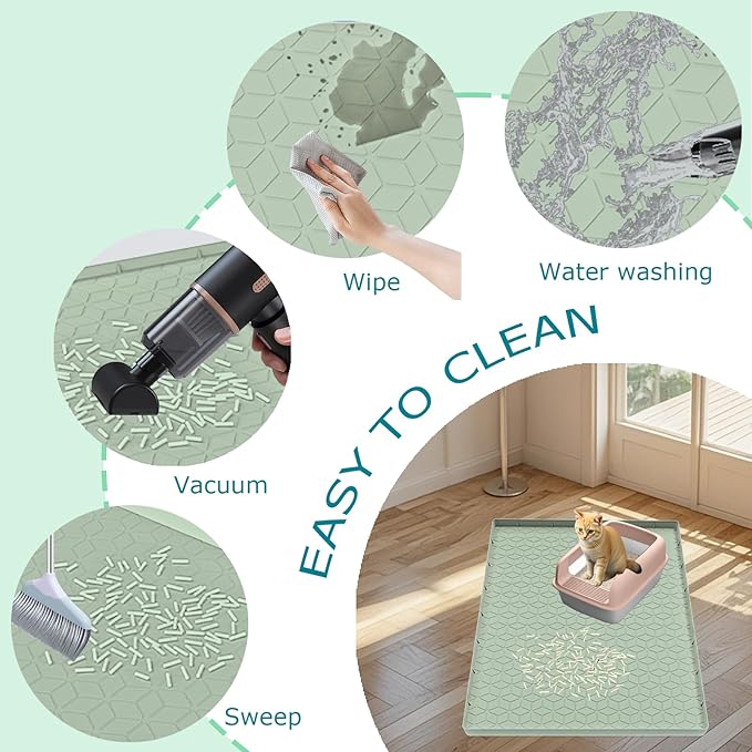 Cat Litter Mat, Silicone Large Cat Mat for Litter Box - 28x22 in, Waterproof & Non-Slip, Durable & Easy Clean, Green