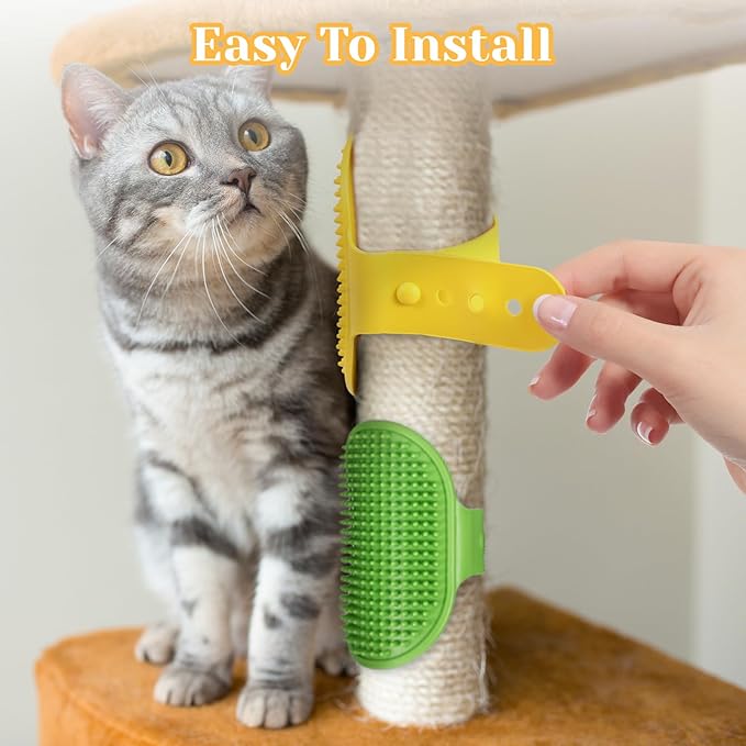 4Pcs Adjustable Cat Self Groomer, Silicone Cat Brushes for Indoor Cats Grooming Self Cleaning, Cats Face Scratchers Massager for Corner Scratcher, Pet Supplies (Green & Yellow)