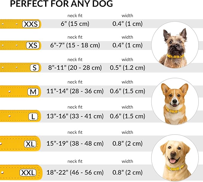 CollarDirect Rolled Leather Dog Collar, Soft Padded Round Puppy Collar, Handmade Genuine Leather Collar Dog Small Large Cat Collars 13 Colors (15-19 Inch, Yellow Textured)