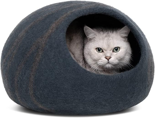 MEOWFIA Premium Felt Cat Bed Cave - Handmade 100% Merino Wool Bed for Cats and Kittens (Large, Slate Grey)