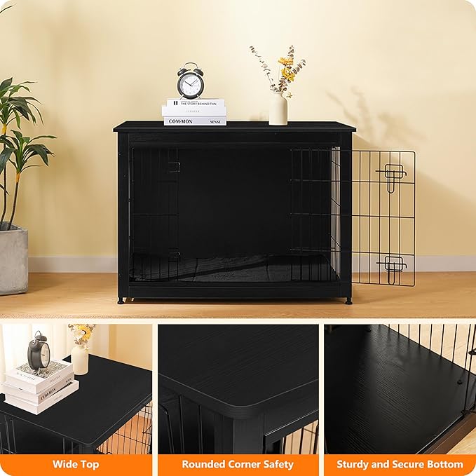 DWANTON Dog Crate Furniture with Cushion, Wooden Kennel Table with Double Doors, Indoor Dog House, Extra Large Size, 43.3" L, Black