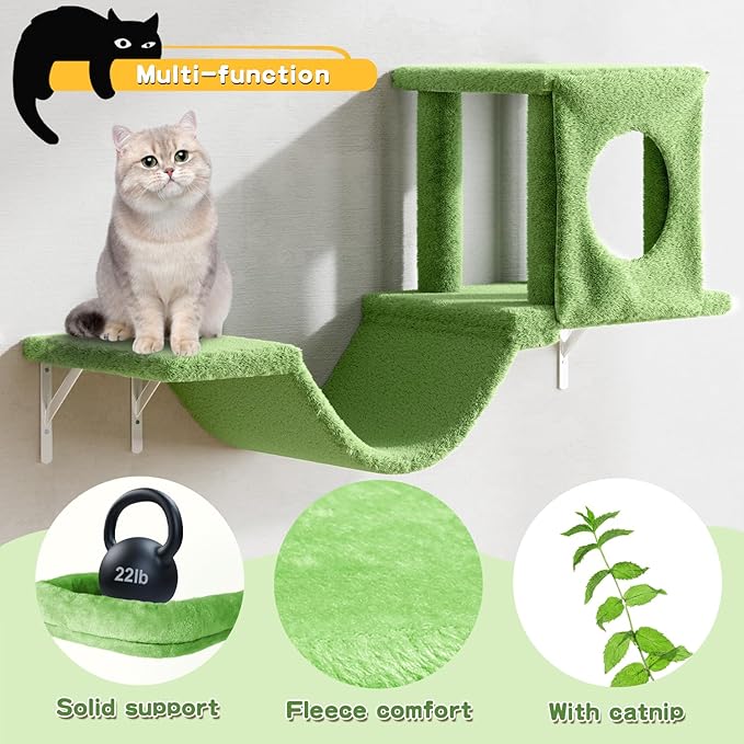 NUNU LAB Wall Mounted Cat Furniture, 6 Pcs Cat Wall Shelves with Condo House, Bridge, Steps, Scratcher, Hammock, Indoor Safe & Stable Furniture for Kittens Play, Green