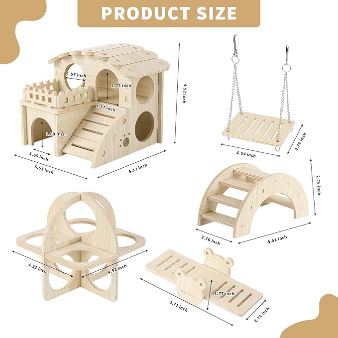 Wooden Hamster Toys 5-Piece Set - Natural Wood Hamster House, Swing, Climbing Ladder, Seesaw & Exercise Wheel - Small Animal Habitat Accessories for Dwarf Hamsters, Gerbils, Mice