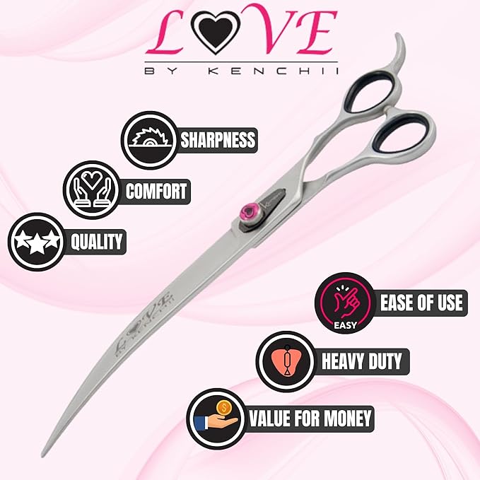 Kenchii Love Dog Grooming Scissors, 9 Inch Curved Shears, Dog Scissors for Grooming, Professional Pet Grooming Scissors