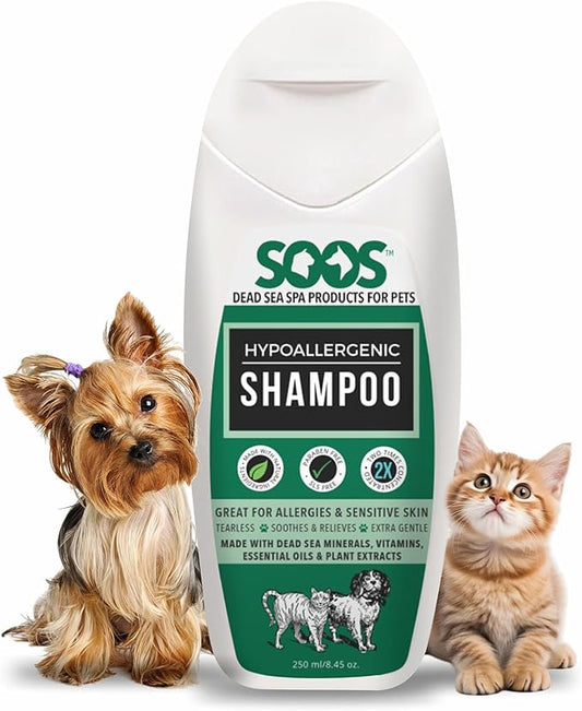Soos Pet Shampoo Hypoaller-genic Cat and Dog Shampoo Natural Dead Sea Minerals Fast Absorbing Soothes Skin Irritation with Vitamins Essential Oils - 1 Pack (250ml)