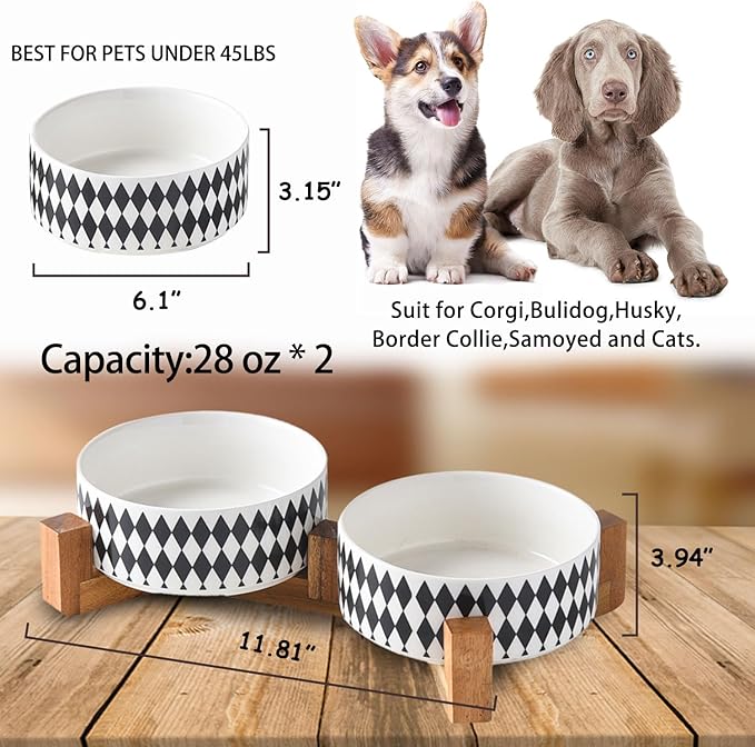 Petygooing Ceramic Dog Cat Bowl Set with Stand, Pet Food and Water Dishes,Small Dog Bowls Anti-Slip Set of 2 Cat Bowls-Pet Food Bowl- Pet Dish Small Medium Size Pet (28OZ/6.1 in) Black Rhombus