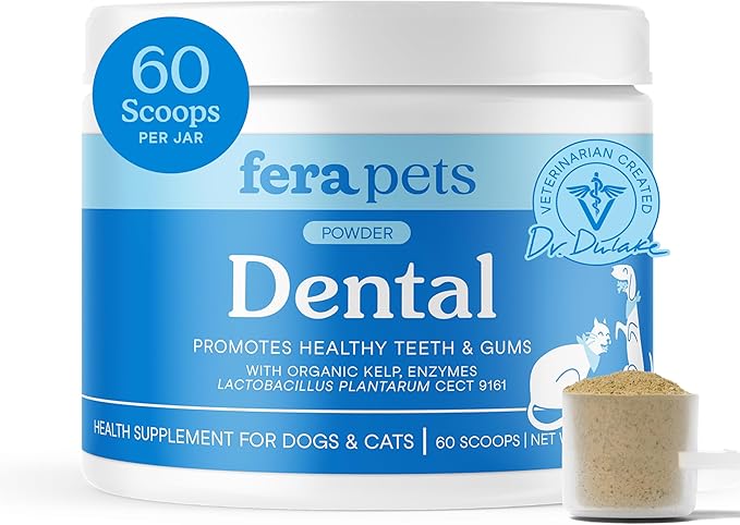 Fera Pets Cat & Dog Dental Support Powder - Supports Fresh Breath - Promotes Healthy Teeth and Gums - Targets Tartar Build-Up - Includes Kelp, Enzymes & Postbiotics - 60 Scoops