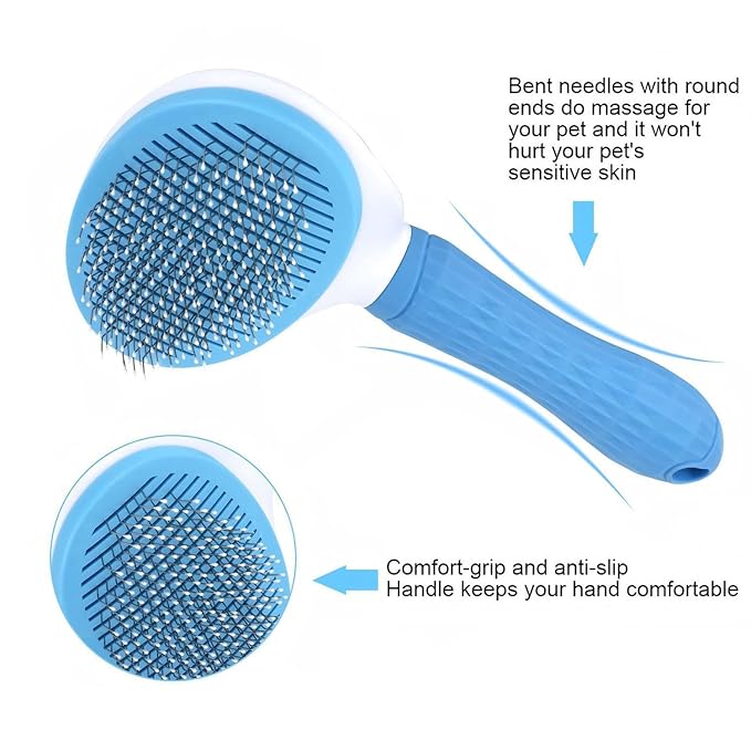 Cat Hair Brush, Cat Brush for Shedding with Metal Comb, Self Cleaning Pet Hair Brush with Release Button - Skin Friendly Deshedding Grooming Brush for Short and Long Haired Cats
