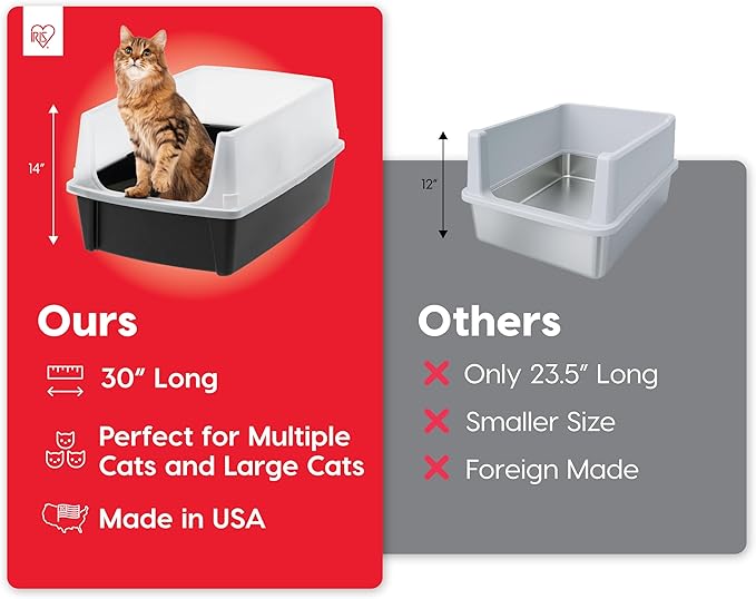IRIS USA XX-Large Cat Litter Box, Open Top Extra Large Litter Box for Big Cats and Multi-Cat Households, High Sided Scatter Shield, Easy to Clean, 30" L x 20" W x 14" H, Black