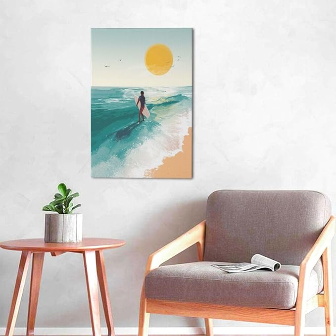 Beach Surfing Wall Art Ocean Coastal Wave Canvas Wall Decor Summer Nature Seascape Pictures Painting Print Framed Artwork Decorations for Bathroom Living Room Office Bedroom 16"x24"