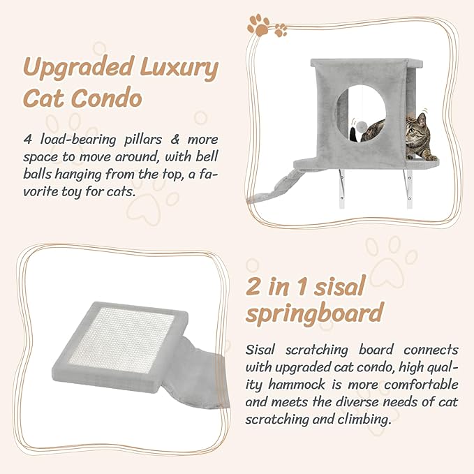 NUNU LAB Wall Mounted Cat Furniture, 7 Pcs Cat Wall Shelves with House, Tunnel, Bridge, Steps, Scratcher, Hammock, Bed, Indoor Safe & Stable Furniture for Kittens Play, Gray