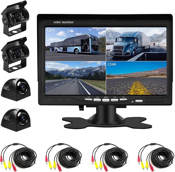 Backup Camera Kit 7 inch 4-Spilt Monitor Rear View Cameras with IP 67 Waterproof 18 IR Night Vision Car Camera for Tucks, RVs,Trailers,Bus,Vans + 4pcs 10m/393.7inch Cables