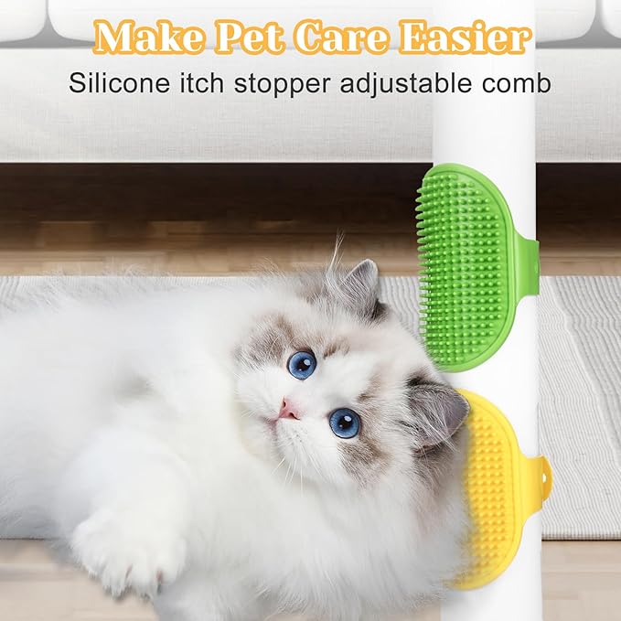 4Pcs Adjustable Cat Self Groomer, Silicone Cat Brushes for Indoor Cats Grooming Self Cleaning, Cats Face Scratchers Massager for Corner Scratcher, Pet Supplies (Green & Yellow)