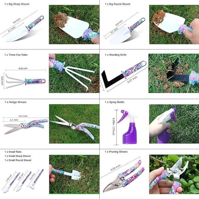 Garden Tools Set, 11 Pieces Gardening Gifts with Purple Floral Print, Ergonomic Handle, Trowel, Rake, Shovels, Pruner, Shears, Sprayer, Gloves, Garden Hand Tools with Carrying Case