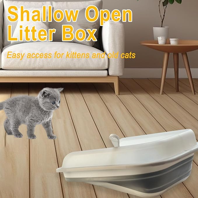 Open Cat Litter Box with High Side, Anti-Splashing Kitty Litter Pan Collapsible Travel Litter Potty Pan Scoop Leak-Proof Pedal Cat Toilet No Smell Easy Clean (M Gray High Side)