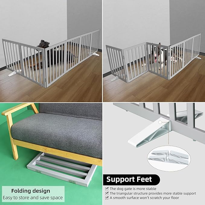 ZJSF Freestanding Indoor Dog Gate for House Foldable Wood Puppy Gate for Doorways Pet Gate for Stairs Extra Wide Pet Fence, Grey, 24" Height 6 Panels