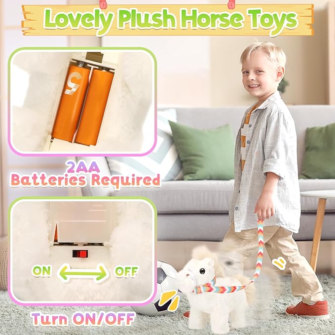 Tagitary Plush Toys Horse for Kids, Interactive Plush Toys with Leash,Can Make Sounds,Walk,and Wag Tail,Stuffed Horse Realistic Pet for Boys Girls